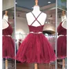 Dark Red Two Pieces Homecoming Dresses For Juniors Halter Neck A-Line Lace Appiques Short Backless Prom Gowns Satin Cocktail Party Dress