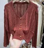 Женские трикотаж европейский v-образный вязаный свитер кардиган для женщин осень 2023 модный сплошной цвет Тонкий фитинг и похудение лучшего корейского