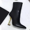 秋の冬の靴ジッパーヒールブーツファッションセクシー100％レザーブラックウーマンブーツポイントメタル女性デザイナーシュー