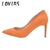 Klänningskor Lovirs Womens Orange Green Office Basic Slip on Flock Pumps Stiletto Mid-heel Pointy Toe For Party Size US 4-13