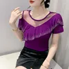 Women's T Shirts 2023 Summer Mesh Tops Fashion Round Neck Women Hollow Out Ruffle Shirt Patchwork Short Sleeve Diamond