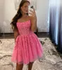 Elegante korte strapless kant-jurken voor thuiskomstroze roze tule mouwloze knie-lengte korset terug prom feestjurk met zakken voor vrouwen
