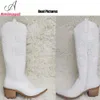 Boots Dropship Cowboy Cowgirls Western Boots White Knie High Boots Women Big Size 41 Comfy Walking Staped Heeled Vintage Shoes 230829