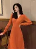 Casual Dresses Pleated V-neck Knitted A-line Sweater Dress Elegant Women Autumn Winter Clothes Long Sleeve Midi Female