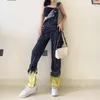 Women's Jeans Cool Personality Splash Ink Contrast Color Shoulder Strap Slimming Pocket Workwear Overalls Trendy Slouchy