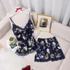 Women's Sleepwear 2PCS Strap Top&Shorts Pyjamas Sets Womens Satin Lace Pajamas Sleep Suit With Chest Pads Summer Nightwear Home Wear