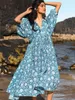 Robes décontractées Foridol Lanterne Demi-manches Cyan Bohemian Beach Midi Robe ample Été pour femmes Tie Up Floral Holiday Vestidos