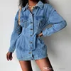 2023 Fall Winter Vintage Denim Jacket Dress Fashion Slim Fit Button Skirt Turndown Collar Long Sleeve Washed Jeans Dresses For Woman