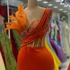 2023 Aso Ebi Arabic Orange Mermaid Prom Dress Beaded Crystals Feather Evening Formal Party Second Reception Birthday Engagement Gowns Dresses Robe De Soiree ZJ29