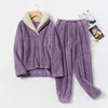 Women's Sleepwear Winter Fleece Pajama Set Soldi Turn Down Collar Ladies Warm With Pant Flannel Solid Long Sleeve Pijama Female