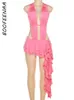 Abiti casual di base BOOFEENAA Rosa asimmetrico con volant Halter Mini vestito estivo sexy da donna Y2k Rave Festival Outfit 2023 C96 CF32 230830