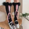 Calzini da donna Lolita Cute Cross Tie-Up Knee High Ballet Style Calze con bordo in pelliccia