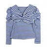 Women's T Shirts Romantic Indie All-Match Long Sleeve Crop Top French Style Fashion Women Clothing 2023 Sexy Stripe Off Shoulder T-shirts