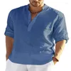 Magliette da uomo T-shirt in lino Camicia in cotone con colletto in piedi Tinta unita Maglietta pieghevole a maniche lunghe da uomo Top Pullover allentato