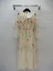 2023 Autumn Beige Floral Embroidery Beaded Tulle Dress Sheer Lantern Sleeve Round Neck Sequins Long Maxi Casual Dresses B3G252132