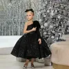 Girl Dresses First Communion 2023 Luxury Glitter Sequined One Shoulder Black Flower Dress For Wedding Big Bow Puffy Princess Costumes
