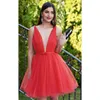 Plus size vestidos de baile sem costas para juniores com decote em v curto vestidos de baile uma linha plissado mini tule vestido de festa cocktail