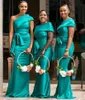 2023 African Green Bridesmaid Dresses One Shoulder Satin Wedding Guest Dress Sleeveless Floor Length robes de demoiselle d'honneur With Bow Kno