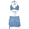 Fatos femininos 2023 mulheres jeans jeans 2 peças conjuntos roupas sexy lace-up borla bolso lavagem shorts