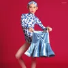 Stage Wear Kids Performance Split Suit Leopard Top Blue Skirts For Girls Latin Dance Clothes Child Ballroom Tango Salsa Dress SL7803