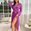 Women's Sleepwear Summer And Autumn Long Sleeve Satin Sexy V-neck Cardigan Nightgown Robes For Homewear Morning Bride Team