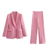 Damen-Sets mit zweiteiligen Hosen, Hosen und Blazern für Frauen, lange Ärmel, rosafarbener Anzug, Oberteile, Mäntel, Blazer, hohe Taille, lockeres, solides 2-teiliges Büro