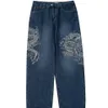 Kvinnors jeans amerikanska vintage high street blå broderad drake mönster kvinnor y2k harajuku stil hip hop highwaisted 230829