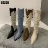 Boots Western Cowboy Boots Ladies Vintage Pointed Toe Denim Winter Women Knee High Boots Long Slip On Pleated Shoes Female 230829