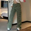 Pantalons pour femmes Capris armée vert Baggy Cargo jean Y2k Vintage femmes pantalon bouton poches taille haute Streetwear 90S pantalon droit jambe large jean 230829