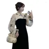 Casual Dresses Large Women's Clothing Autumn And Winter Fat Mm French Modified Cheongsam Gentle Wind Splicing Velvet Bottomed Small Black