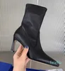 Botas Chelsea de tacón alto de piel de oveja negra, botines de piel de oveja puntiagudos, zapatos de diseñador Slip on Half Boot para mujer, calzado de fábrica