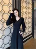 Casual Dresses Pleated V-neck Knitted A-line Sweater Dress Elegant Women Autumn Winter Clothes Long Sleeve Midi Female