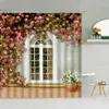 Rideaux de douche Antique mur de briques rideau de douche fenêtre fleurs Rose porte en bois vert vigne tissu salle de bain fournitures rideaux en tissu avec R230830