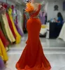 2023 Aso Ebi Arabic Orange Mermaid Prom Dress Beaded Crystals Feather Evening Formal Party Second Reception Birthday Engagement Gowns Dresses Robe De Soiree ZJ29