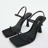 Sandals Pink Shoes Women 2023 Summer High Heels Rhinestone Heeled Sandal Black Square Toe Buckled Sexy Stripter Ladies