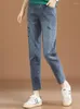 Calças de brim femininas HCXR Mulheres 2023 Outono Elástico Cintura Bordado Carta Denim Calça Slim Straight Casual All-Match Harem Calças