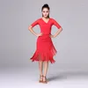 Stage Wear Latin Dance Dress Middle-sleeve Tassel One-piece For Women Female Ballroom Tango Cha Rumba Costumes