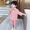 Suits Children Summer Formal Suit Set Boys Double breasted Performance Clothing Catwalk Dress Costume Kids Blazer Shorts 2pcs Outfit 230830