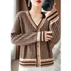 Women's Knits V-Neck Small Fragrant Knitted Cardigan Autumn And Winter Loose Outwear Thousand Bird Grid Long Sleeve Sweater Jacket