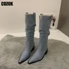 Boots Western Cowboy Boots Ladies Vintage Pointed Toe Denim Winter Women Knee High Boots Long Slip On Pleated Shoes Female 230829