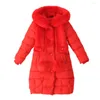 Вниз пальто девушки теплые зимние искусственные волосы мода длинная детская куртка с капюшоном для девочки с домашней одеждой 4-10 лет
