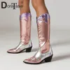 Bottes Marque Design dames couleurs mélangées bottes de Cowboy mode talons hauts épais bottes occidentales métalliques pour femmes automne hiver femme chaussures 230830