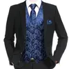 Herrenwesten HiTie 20-Farben-Seidenkrawatte Business Formelle Kleidung Schlanke ärmellose Jacke 4-teiliges Hanky-Manschettenknopf Blaue Paisley-Anzugweste 230829