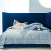 Ensembles de literie 100S coton égyptien creux large bord broderie luxe 4pcs housse de couette avec drap plat taie d'oreiller bleu clair