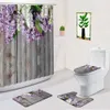 Shower Curtains Set Wood Grain Shower Curtain Bath Mat Wood Plank Purple Flower Floral Plant Bathroom Decor Set Fabric Bath Curtain R230830