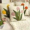 Pillow 45x45cm Tulip Embordered Cover Floral Plant Leaves Print Canvas Home Decoration Living Room