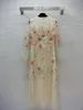 2023 Autumn Beige Floral Embroidery Beaded Tulle Dress Sheer Lantern Sleeve Round Neck Sequins Long Maxi Casual Dresses B3G252132