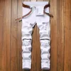 Mens White Straight Leg Jeans knee zipper Design Distressed Ripped Holes High Stretch Denim Pants254w