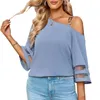 T-shirts pour femmes Femmes Summer Casual Mesh Panneau 3/4 Manches évasées Découpe Épaule froide Boucle en métal Solide Chemisier Lâche Tunique Top MXMA