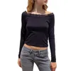 T-shirt da donna Y2k Crop Top da donna Manica lunga Scollo a barchetta Finiture in pizzo Vintage Slim Fit Canottiera autunnale Estetica Streetwear